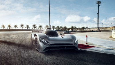 Computer-generated image of an LMDh prototype driving through a curve at high speed.