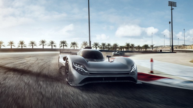 Computer-generated image of an LMDh prototype driving through a curve at high speed.