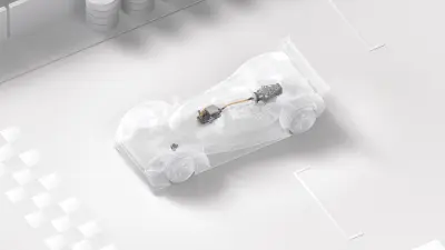 Computer-generated image of a transparent LMDh prototype showing the location of all the hybrid system components.